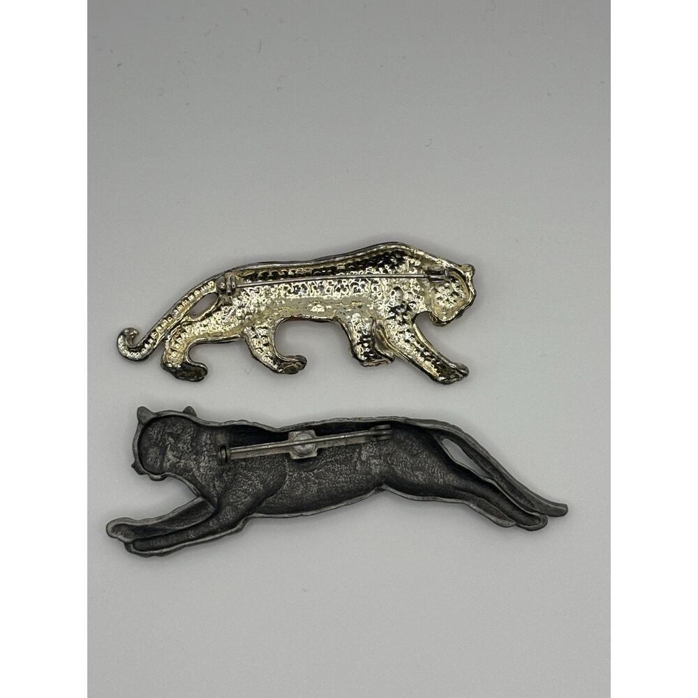 Vintage Tiger Brooch Lot of 2 Enamel Rhinestone Pewter Tone Wild Cat Pins - Picture 2 of 4